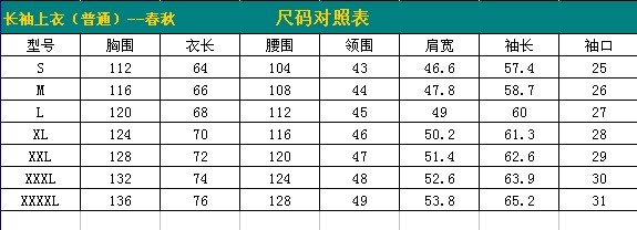 工作服尺码表 工作服尺码表